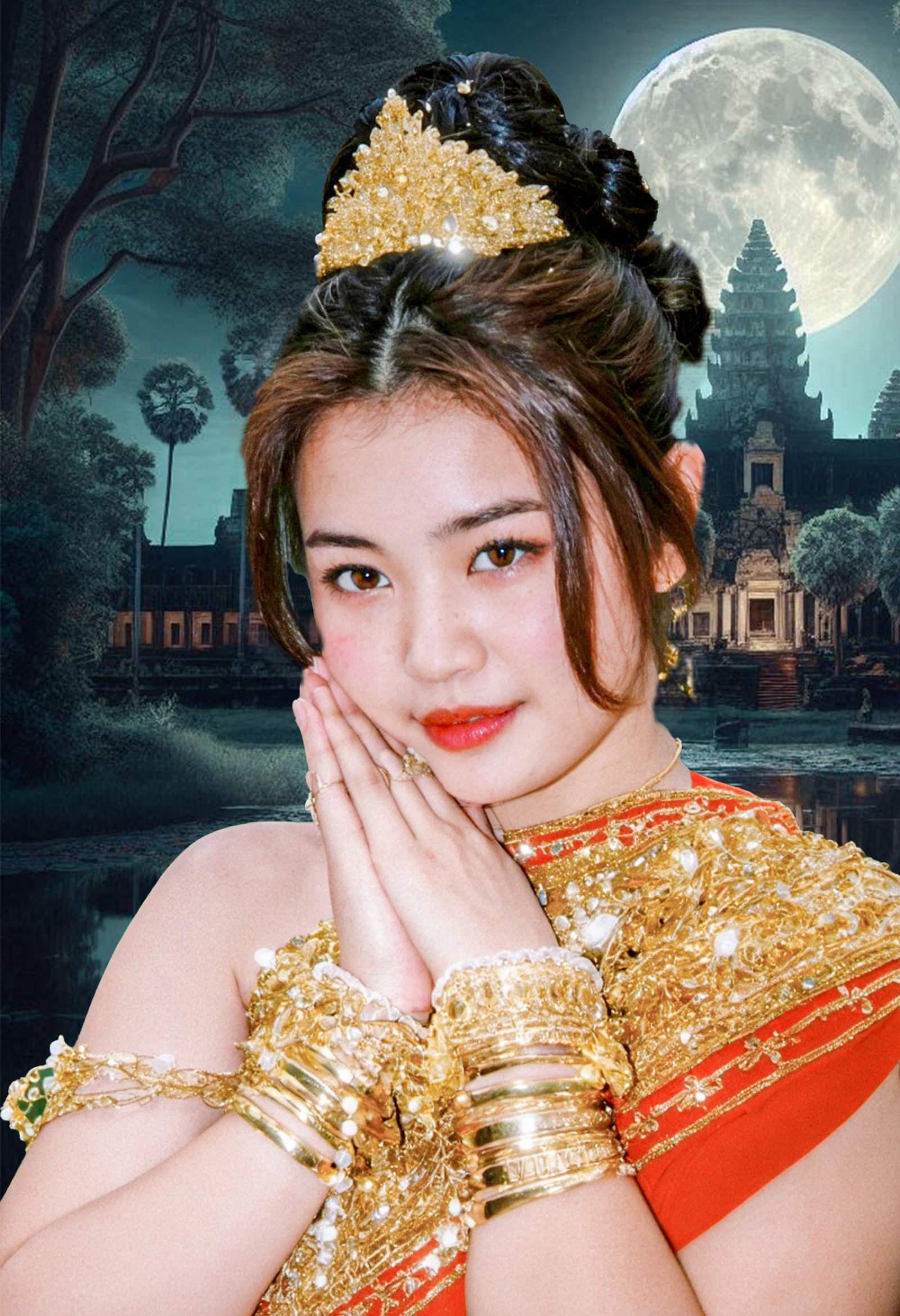 Jeune-mariée-khmère-en-tenue-traditionnelle-ornée-de-bijoux-dorés- les-mains-jointes-devant-elle-dans-un-geste-respectueux
