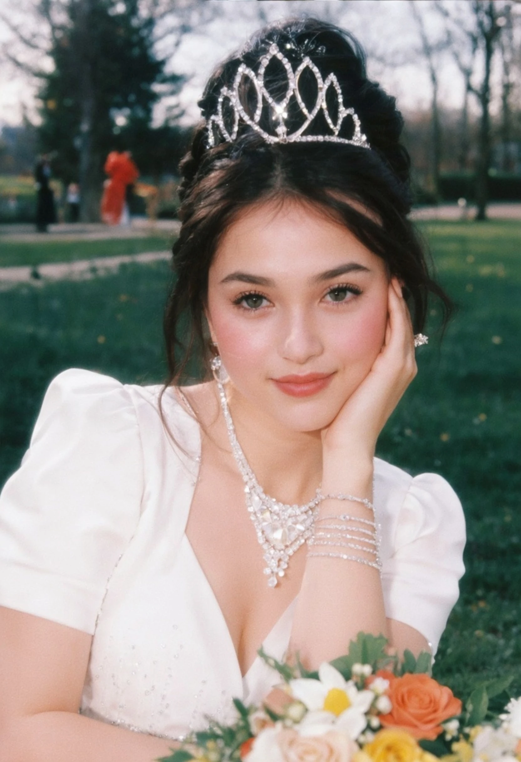 Une-jeune-mariée-élégante-portant-une-tiare-un-collier-des-boucles-d'oreilles-et-un-bracelet-scintillants-vêtue-d'une-robe- blanche-tenant-un-bouquet-de-fleurs-et-souriante-au-photographe-dans- un-parc